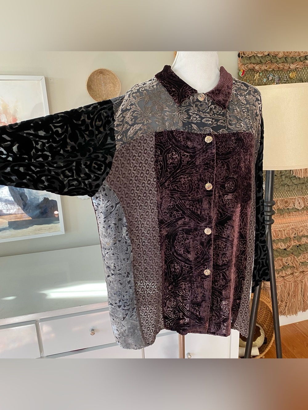 Citron Santa Monica 100% Silk Velvet Burnout Button Down Blouse Size L